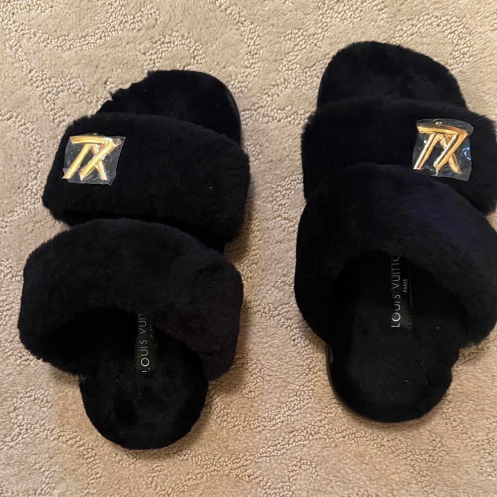 Louis Vuitton Black Fur Sandals with Gold Detail